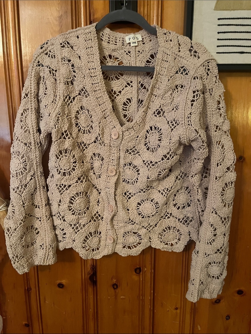 POL Crochet Openwork Button Cardigan - Light Taupe